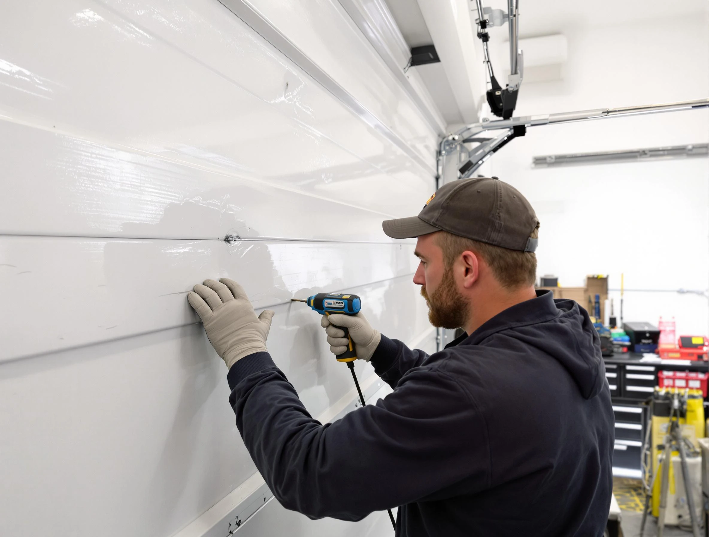 Lexington Garage Door Repair technician demonstrating precision dent removal techniques on a Lexington garage door